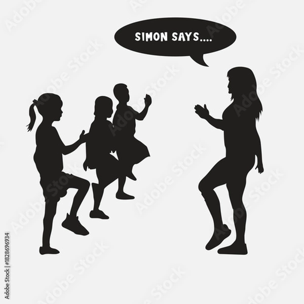 Fototapeta Indoor game- Simon says silhouette vector isolated on background. Funny game for children, children standing in funny poses. Kids playing Simon says game 