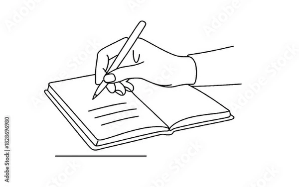 Fototapeta One-Line Drawing of a Hand Writing in an Open Notebook