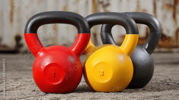 Fototapeta Red kettlebell yellow kettlebell gray kettlebell gym weight workout equipment fitness training strength exercise durable cast iron