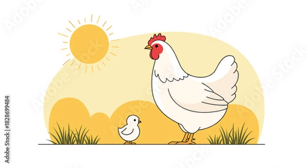 Fototapeta A hen and her chick enjoy a sunny day on the farm representing a peaceful rural scene.