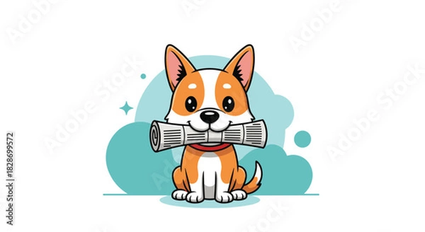 Fototapeta A loyal Corgi dog brings a newspaper in its mouth as a helpful and friendly gesture.