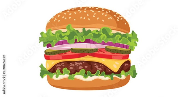 Fototapeta A classic hamburger with all the fixings is presented as a delicious and satisfying meal.