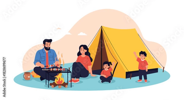 Fototapeta A family of three enjoys a picnic while camping creating a cozy and memorable outdoor experience.