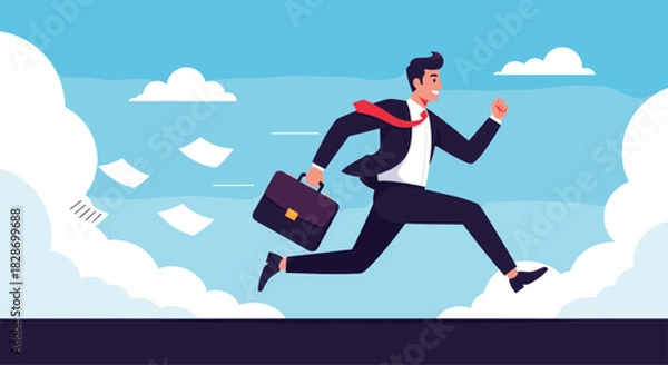 Fototapeta A businessman in a suit runs with a briefcase signifying a busy professional life or an urgent deadline.