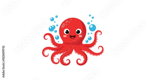 Fototapeta A friendly red octopus with large eyes smiles making it a cute and appealing sea creature character.