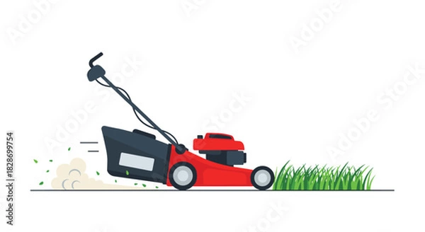 Fototapeta A lawn mower is shown in action cutting grass demonstrating garden and yard maintenance.