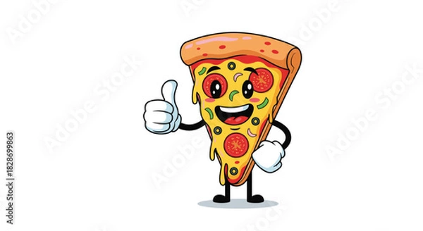 Fototapeta A slice of pizza character with a face gives a thumbs-up as a fun and friendly mascot.