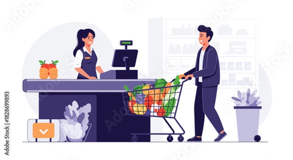 Fototapeta A woman shops in a supermarket her cart filled with groceries while a cashier assists at the checkout.