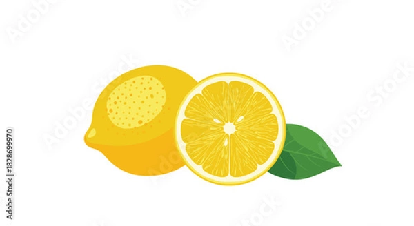 Fototapeta Two bright yellow lemons a whole one and a cut half are presented as a fresh citrus pair.