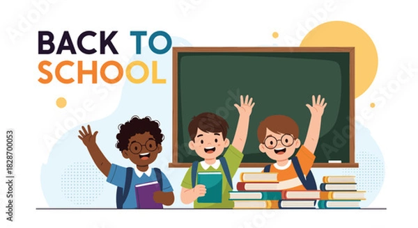 Fototapeta Diverse students and a teacher are back in a classroom ready for a new school year.