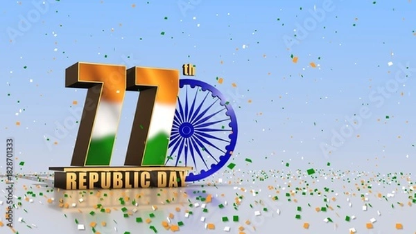Fototapeta 77th Republic Day Tricolor 3D Text with Rotating Ashoka Chakra and Falling Confetti