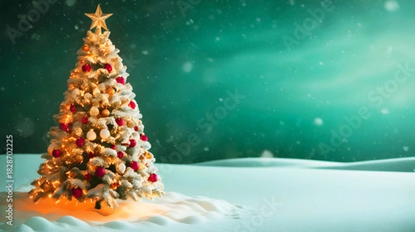 Obraz Festive illuminated christmas tree in snowy winter landscape with glowing lights
