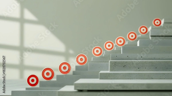 Obraz Red and white targets ascending a concrete staircase casting shadows