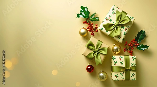 Obraz Festive christmas gifts with green ribbons and holly berries on a soft yellow background