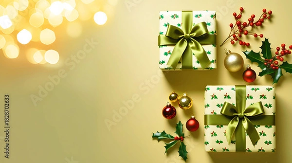 Obraz Festive christmas gifts and ornaments with soft bokeh lights