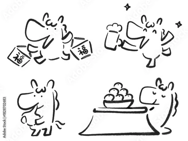 Obraz 新年を楽しむかわいい馬のモノクロ正月セット　筆絵・福袋・ビール・お餅・こたつ