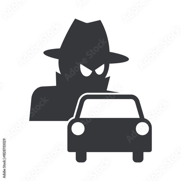 Fototapeta Isolated pictogram of a car with a mysterious hat-wearing intruder silhouette, symbolizing vehicle burglary risk, security alert, crime warning, and theft prevention.