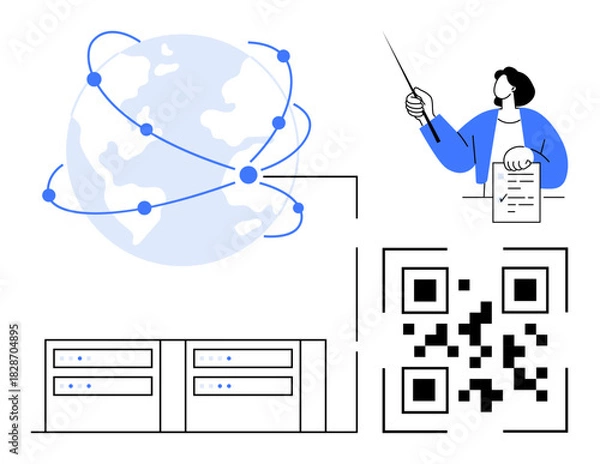 Obraz Globe with network points, QR code, human presenting document, and data servers. Ideal for technology, education, business, global connectivity data storage digital tools innovation. Simple flat