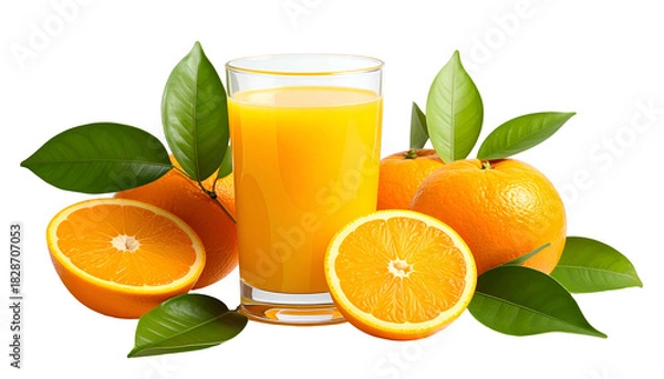 Fototapeta Glass of orange juice surrounded by whole and sliced oranges