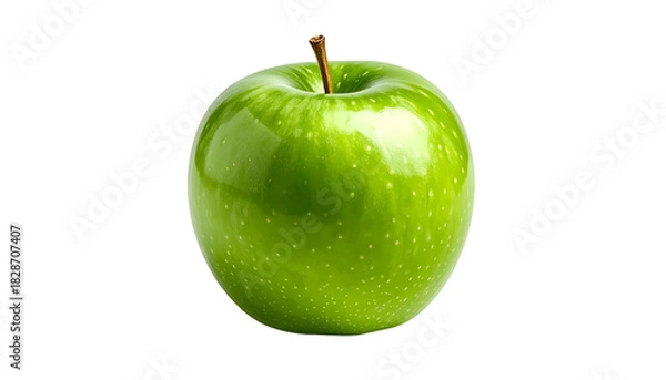 Fototapeta Glossy, vibrant green apple with a short stem, isolated on black