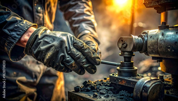 Fototapeta Gloved hands shaping metal with vintage machine in a fiery workshop, a scene of craftsmanship and industrial artistry, perfect for manufacturing visuals