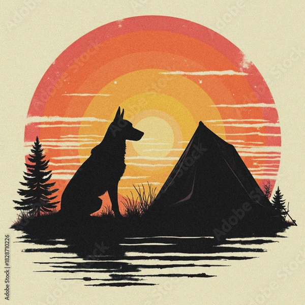 Obraz Camping Adventure with Loyal Dog Silhouette at Sunset in the Wilderness