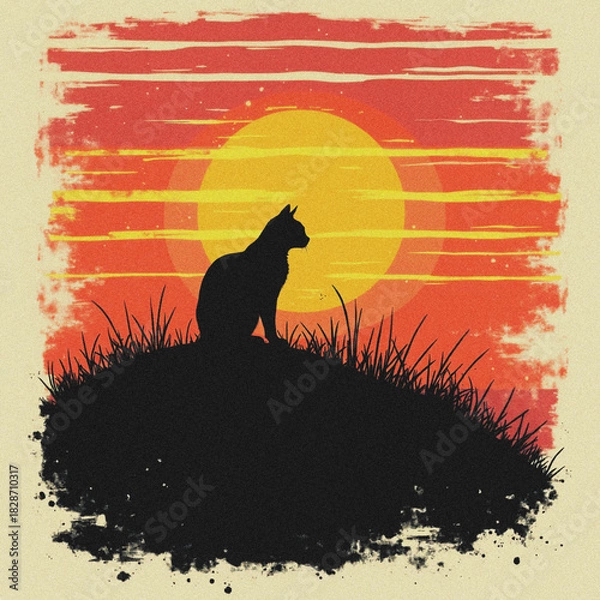 Obraz Cat silhouette sitting on hill watching sunset artistic vector illustration