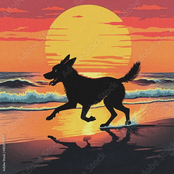 Obraz Dog Running on Beach at Sunset with Large Sun Background