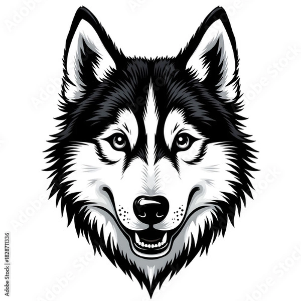Fototapeta Majestic Husky Portrait: A striking monochrome illustration of a husky, capturing the breed's captivating gaze and distinctive markings, perfectly embodying their spirit.