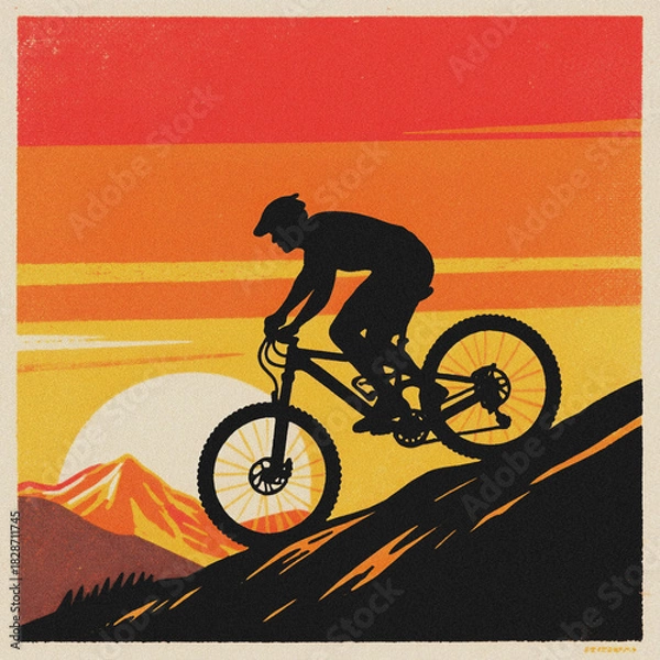 Obraz Mountain biker silhouette enjoying the scenic view on a beautiful sunset