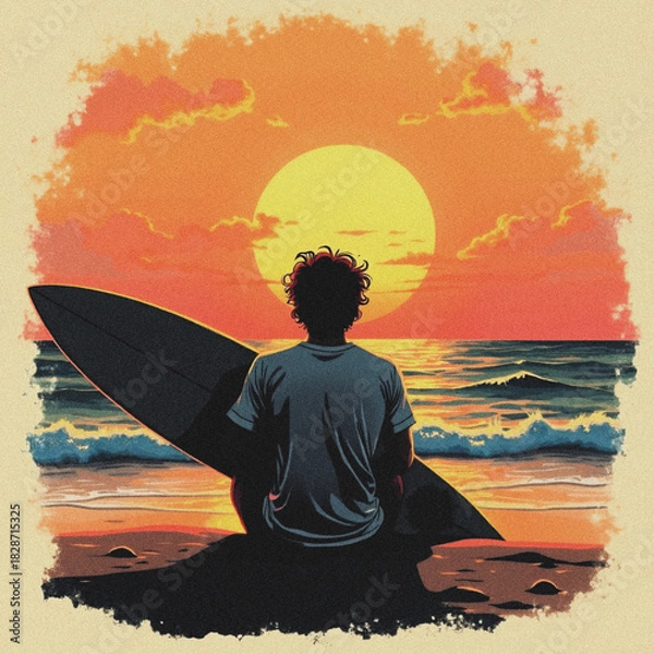 Obraz Serene surfer silhouette contemplates orange sunset over the ocean waves