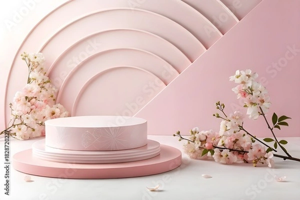 Fototapeta Minimal Pink Podium with Round Backdrop for Product Display