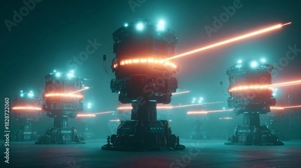 Obraz Futuristic AI robotic defense towers glowing energy weapons