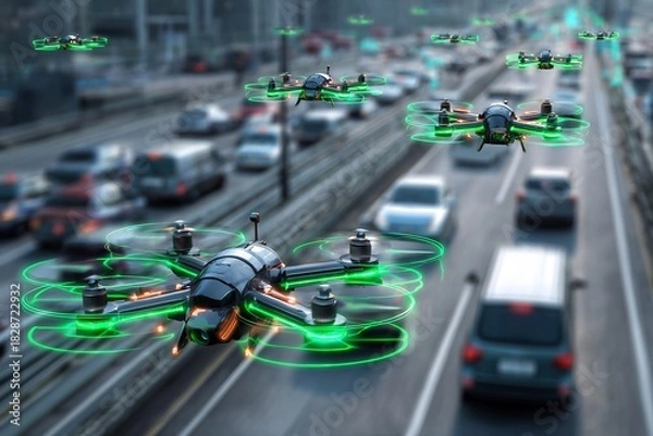 Obraz Futuristic AI traffic control system robotic drones guiding vehicles