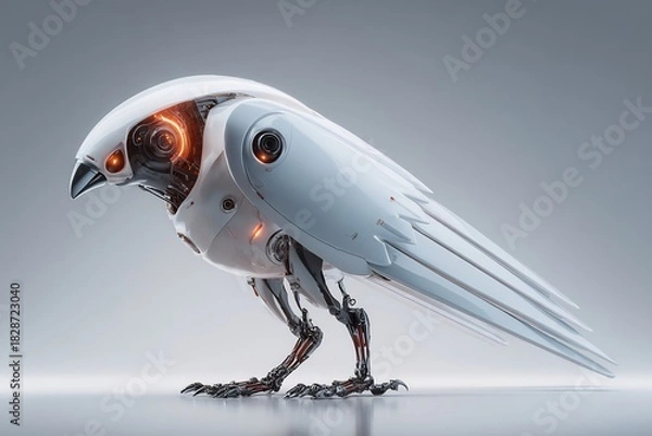 Obraz Futuristic bionic bird robot carbon wings AI navigation system glowing