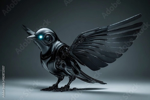 Obraz Futuristic bionic bird robot carbon wings AI navigation system glowing