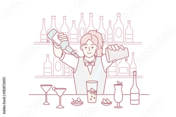 Obraz Young woman making cocktails at bar. Happy female barmen mix alcohol preparing beverage or drink in restaurant. Vector illustration.