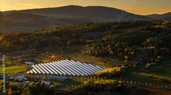 Fototapeta Solar Power Plant in Scenic Countryside Landscape at Sunset