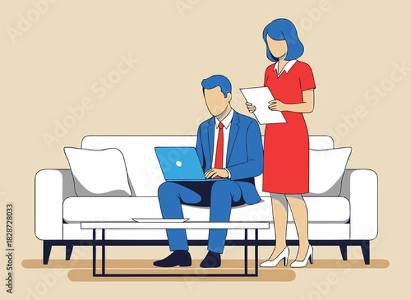 Fototapeta Business colleagues collaborating on laptop in modern office lounge