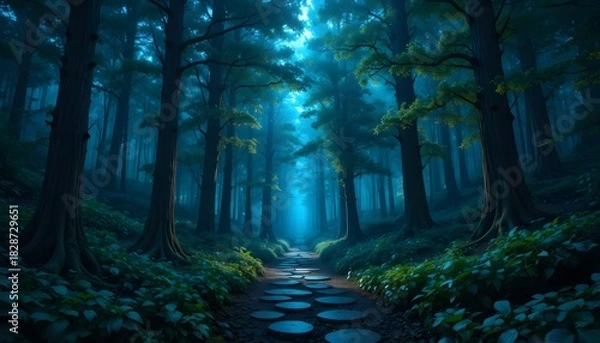 Fototapeta Mysterious forest path illuminated by ethereal blue light