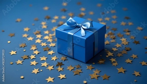 Fototapeta Blue gift box tied with ribbon surrounded by golden star confetti