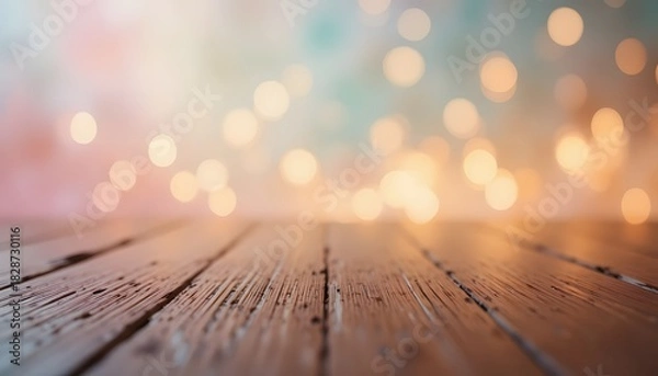 Fototapeta Empty wooden table surface with soft bokeh lights in the background