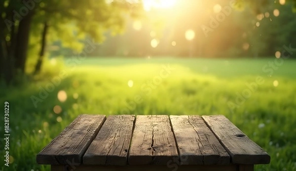 Fototapeta Empty wooden picnic table in a sunlit park with blurred green background