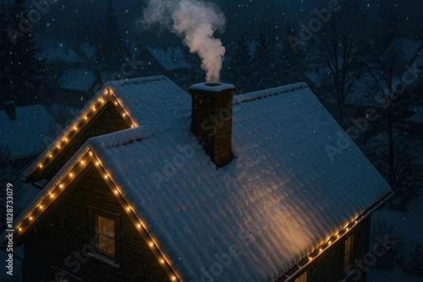 Obraz Snowy roof with chimney smoke and warm lights at night