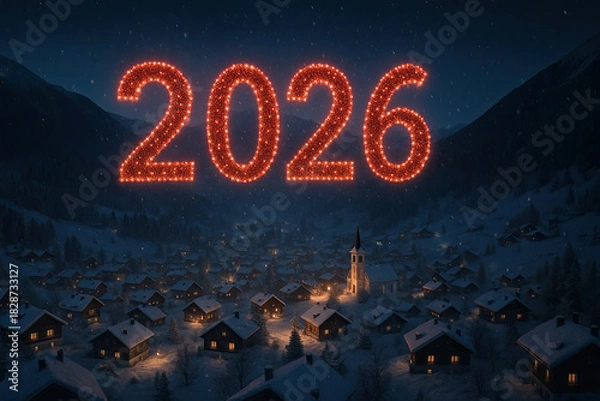 Obraz New year 2026 glowing lights above snowy village at night
