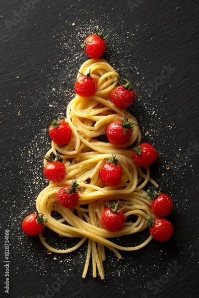 Obraz Spaghetti pasta cherry tomatoes forming christmas tree shape, vertical