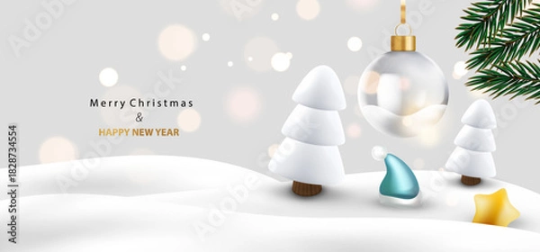 Fototapeta Merry Christmas web banner with realistic 3d glass ball and trees. Snow landscape decoration element with star, hat and branches. Holiday card vector X-mas design.