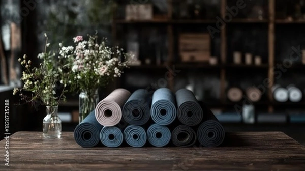 Fototapeta Serene yoga studio setting showcasing a stack of rolled mats with rustic interior elements