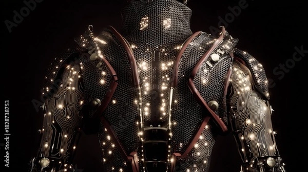 Obraz Industrial robotic exoskeleton suit glowing AI circuits mechanical design details