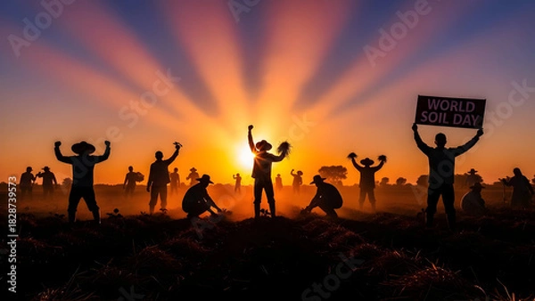 Obraz Celebrating World Soil Day at sunset farmers raise their hands in silhouette promoting soil health and sustainable agriculture
